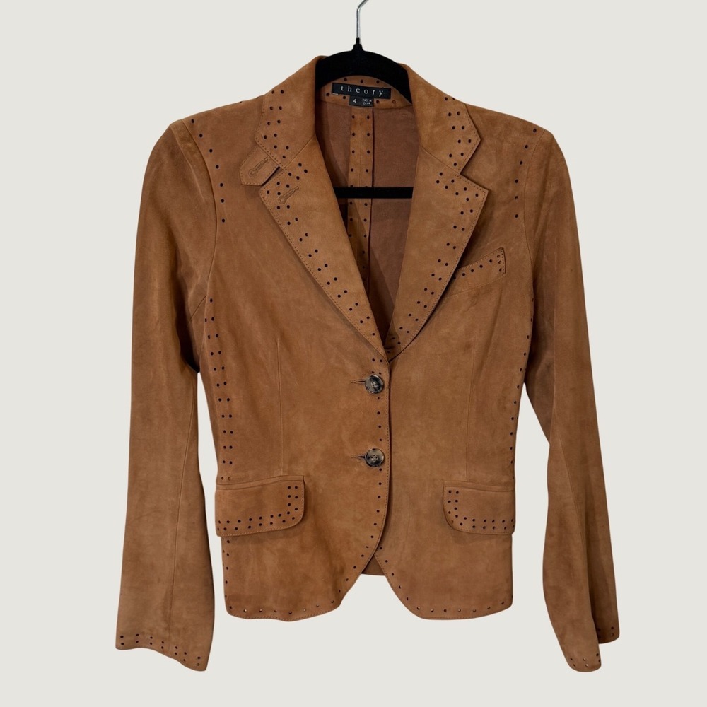 Theory Amanda Suede Leather Blazer Tan Perforated 4 Boho Western Fall Layering